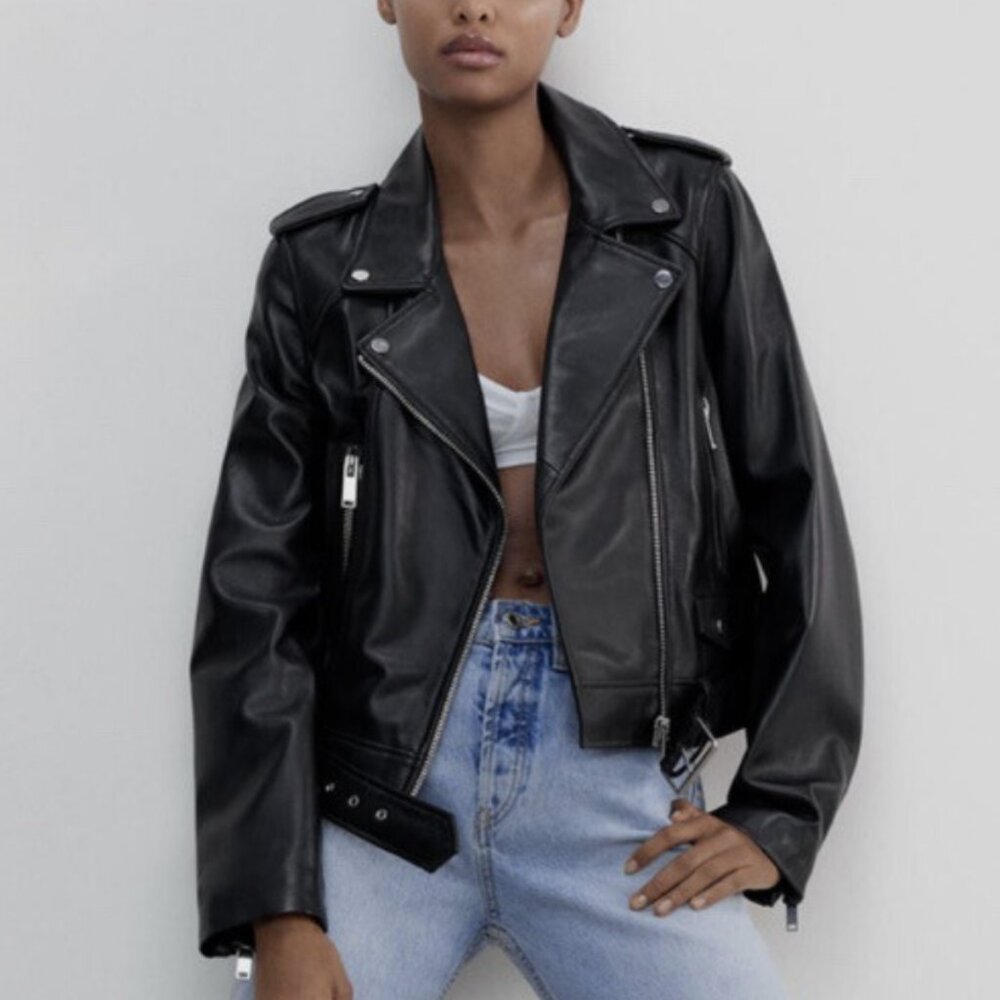 ZARA 100% Lambskin Leather Biker Jacket Size S 🖤